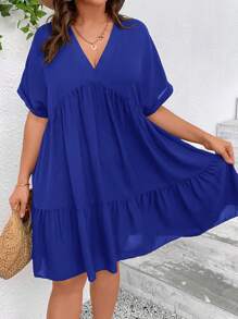 SHEIN VCAY Plus Batwing Sleeve Ruffle Hem Smock Dress - Royal Blue - View 1