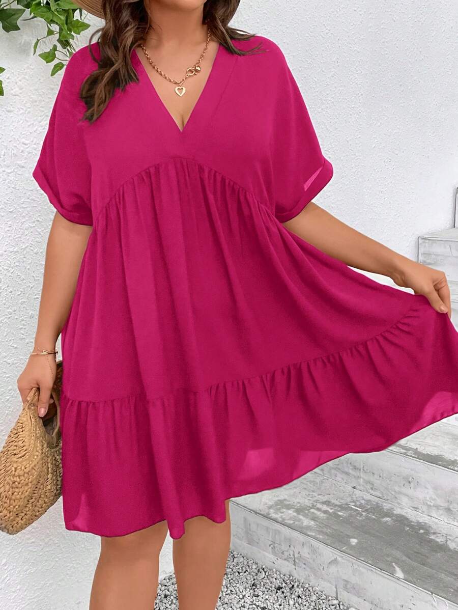 SHEIN VCAY Plus Batwing Sleeve Ruffle Hem Smock Dress - Hot Pink - View 1