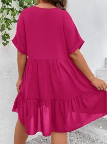 SHEIN VCAY Plus Batwing Sleeve Ruffle Hem Smock Dress - Hot Pink - View 2
