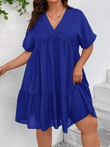 SHEIN VCAY Plus Batwing Sleeve Ruffle Hem Smock Dress - Royal Blue - View 4