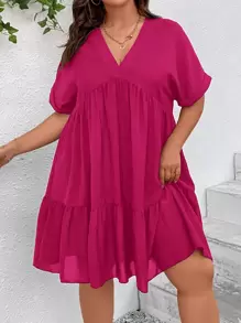 SHEIN VCAY Plus Batwing Sleeve Ruffle Hem Smock Dress - Hot Pink - View 3