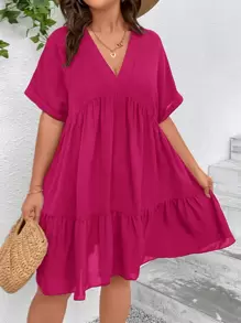 SHEIN VCAY Plus Batwing Sleeve Ruffle Hem Smock Dress - Hot Pink - View 4