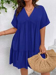 SHEIN VCAY Plus Batwing Sleeve Ruffle Hem Smock Dress - Royal Blue - View 6