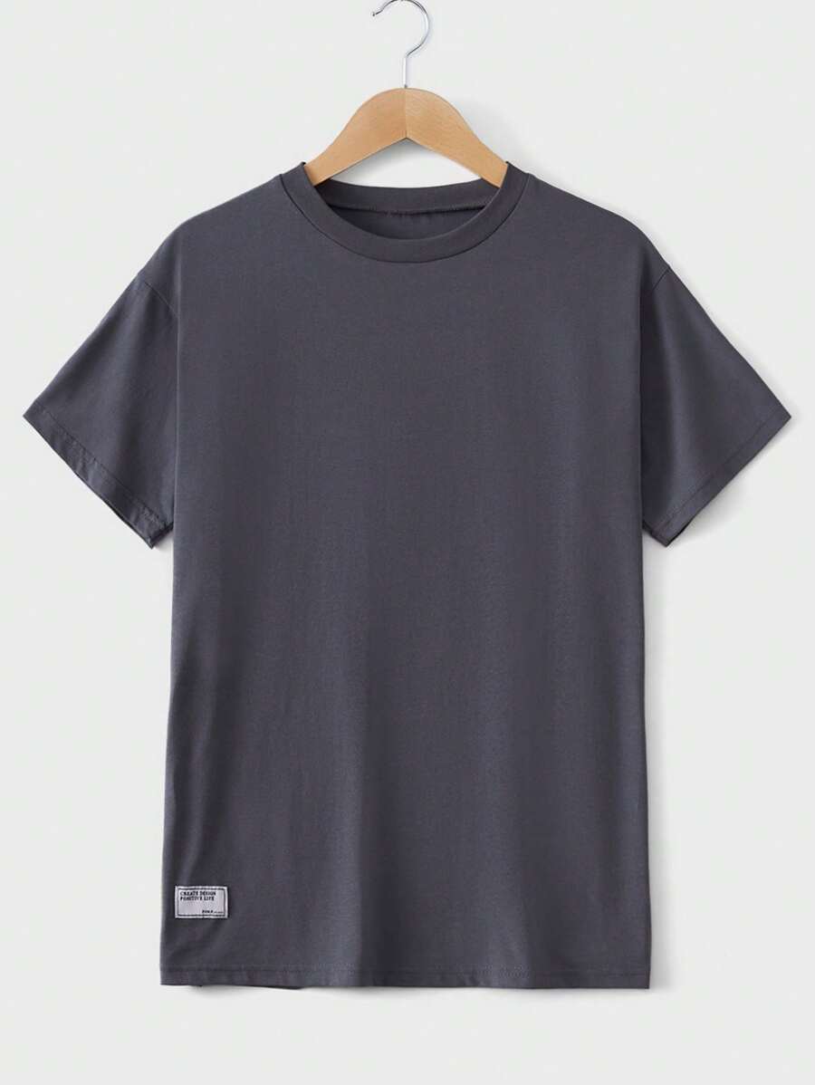 RueChic Men Letter Patched Detail Tee - Dark Grey - View 1