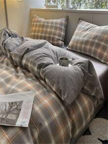 4 cái/bộ Bộ Vỏ Chăn Ga Gối Họa Tiết Trái Tim (1 Vỏ Chăn & 1 Tấm Phẳng & 2 Vỏ Gối), Bộ Chăn Ga Gối Vải Hiện Đại Cho Tất Cả Các Mùa - Cà phê nâu - Xem 2