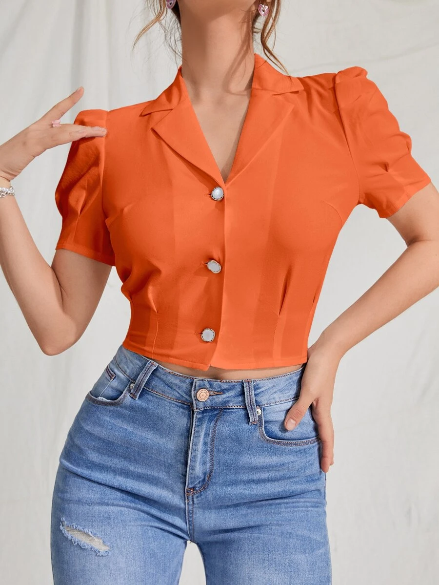 SHEIN EZwear Lapel Neck Puff Sleeve Crop Blouse - Orange - View 1
