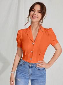 SHEIN EZwear Lapel Neck Puff Sleeve Crop Blouse - Orange - View 3