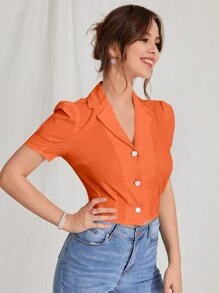 SHEIN EZwear Lapel Neck Puff Sleeve Crop Blouse - Orange - View 4