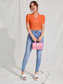 SHEIN EZwear Lapel Neck Puff Sleeve Crop Blouse - Orange - View 5