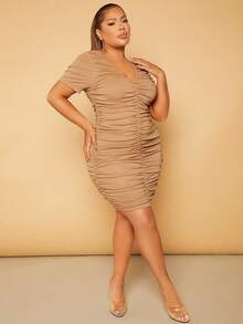 SHEIN SXY Đầm Plus Size Xù màu trơn Gợi cảm - Màu Khaki - Xem 3