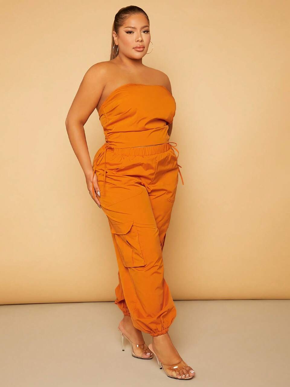 Plus Solid Drawstring Side Tube Top & Cargo Pants