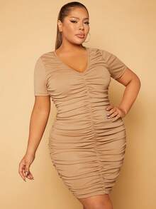 SHEIN SXY Đầm Plus Size Xù màu trơn Gợi cảm - Màu Khaki - Xem 4