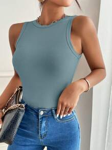 SHEIN PETITE 素色條紋針織背心上衣 - 霧霾藍 - 查看 3