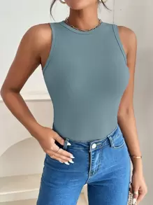 SHEIN PETITE 素色條紋針織背心上衣 - 霧霾藍 - 查看 5