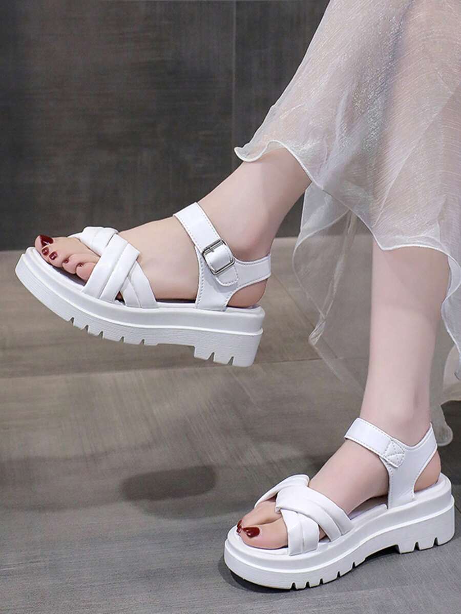 女士搭扣裝飾厚底踝帶人造皮革時尚坡跟涼鞋 - 白色 - 查看 1