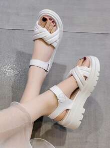 女士搭扣裝飾厚底踝帶人造皮革時尚坡跟涼鞋 - 白色 - 查看 5