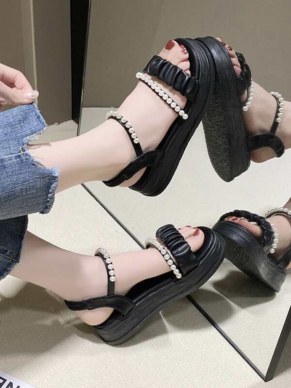 Women Faux Pearl Decor Flatform Ankle Strap Sandals, Artificial Leather Fashion Wedge Sandals Black