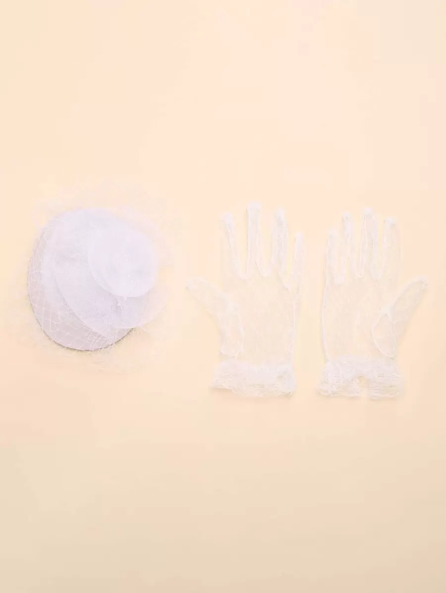 1顶女士网纱细节仿珍珠装饰优雅帽子和1副全指手套，适合派对、情人节等场合，情人节礼物 - 白色 - 查看 1