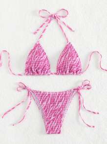 SHEIN Swim Summer Beach Smocked Triangle Tie Side Bikini Set - Multicolor - View 3
