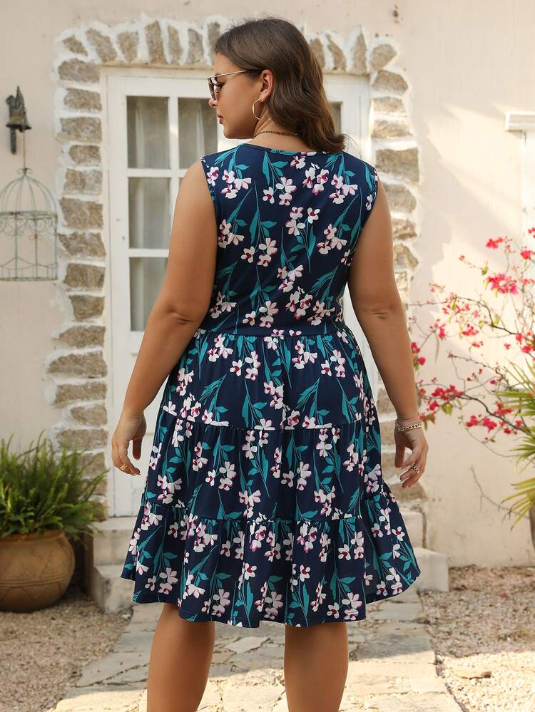 Plus Floral Print Layered Hem Dress