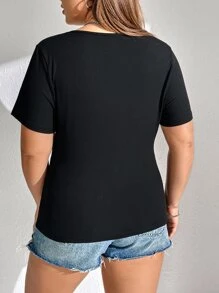 SHEIN MOD Áo thun Plus size Tương phản ren Nút phía trước Khối Màu Giải trí - màu đen - Xem 2