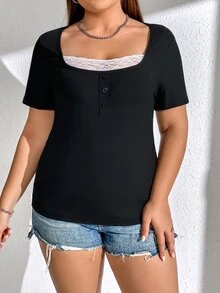SHEIN MOD Áo thun Plus size Tương phản ren Nút phía trước Khối Màu Giải trí - màu đen - Xem 5