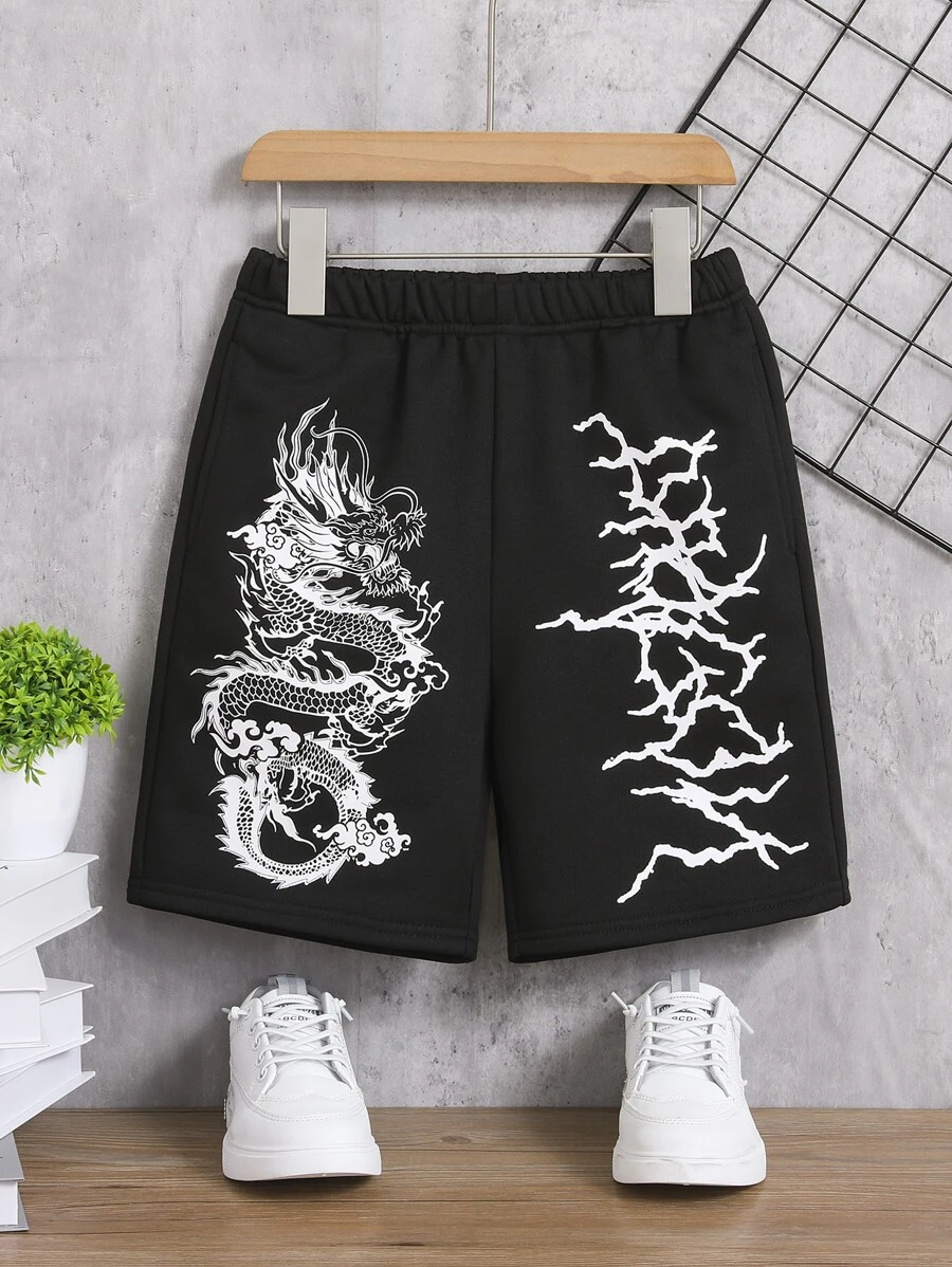 SHEIN 男孩龍圖案短褲 - 黑色 - 查看 1