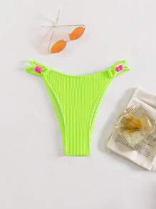 螢光綠條紋針織側邊鏤空丁字褲 - 青檸色 - 查看 1