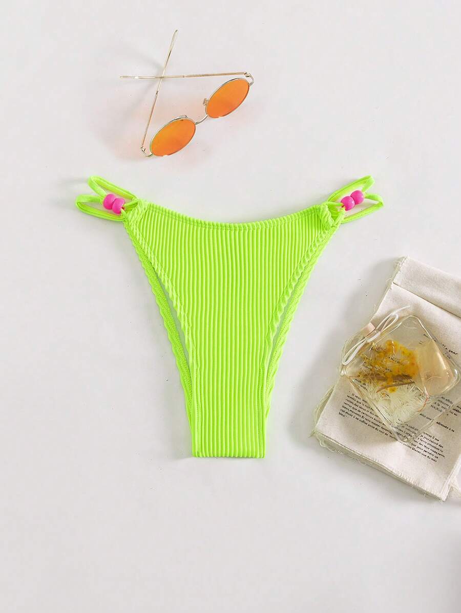 螢光綠條紋針織側邊鏤空丁字褲 - 青檸色 - 查看 1