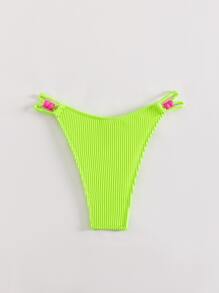 螢光綠條紋針織側邊鏤空丁字褲 - 青檸色 - 查看 2