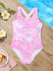 Traje De Baño De Una Sola Pieza Para Niñas Preadolescentes Con Estampado De Escamas De Pescado Y Espalda Cruzada - Rosa - Ver 1