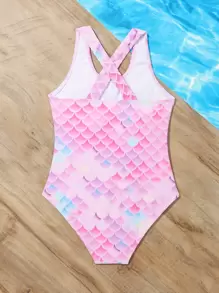 Traje De Baño De Una Sola Pieza Para Niñas Preadolescentes Con Estampado De Escamas De Pescado Y Espalda Cruzada - Rosa - Ver 2