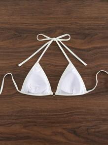 Ring Linked Halter Triangle Bikini Top - White - View 2