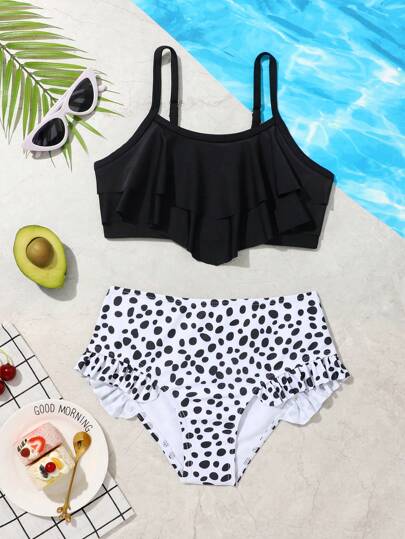 Tween Girl 斑点狗印花荷叶边比基尼套装 夏日海滩