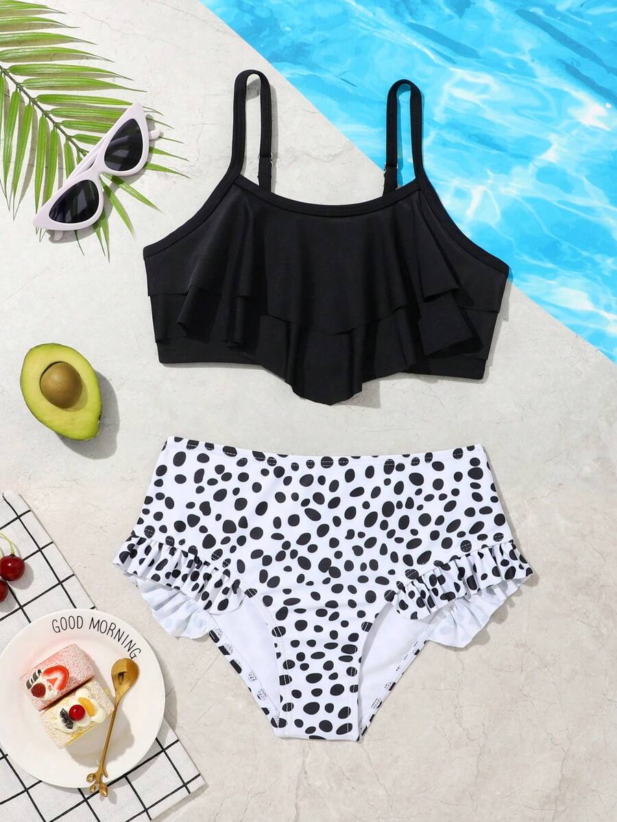 Tween Girl 斑点狗印花荷叶边比基尼套装 夏日海滩 - 黑與白 - 查看 1