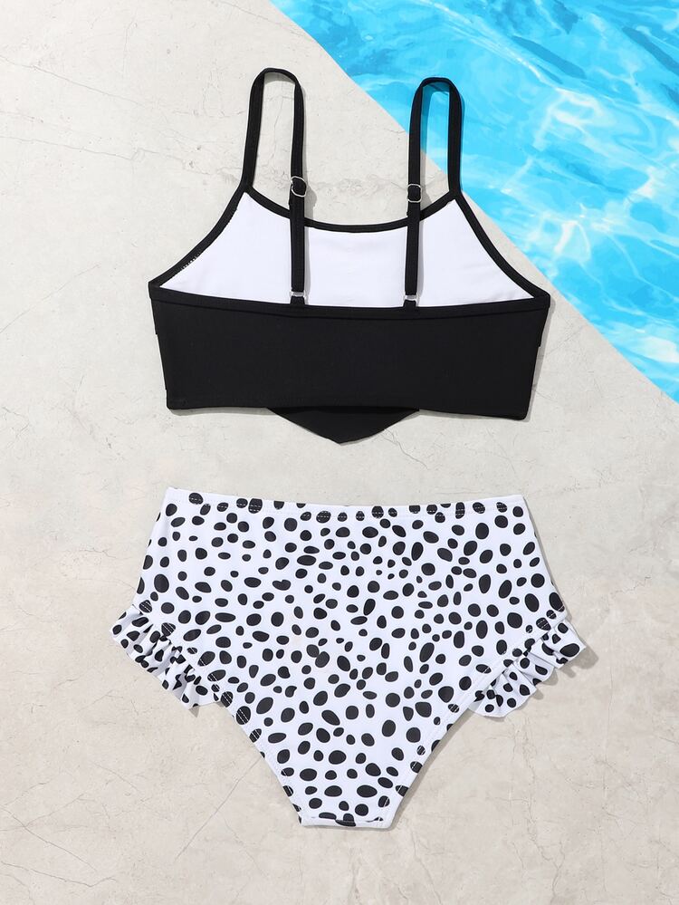 Tween Girl 斑点狗印花荷叶边比基尼套装 夏日海滩 - 黑與白 - 查看 2