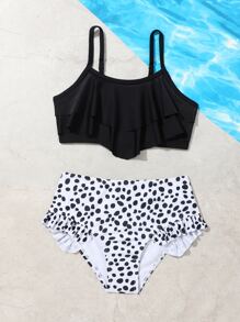 Tween Girl 斑点狗印花荷叶边比基尼套装 夏日海滩 - 黑與白 - 查看 5