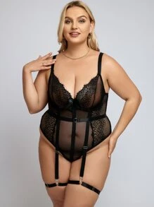 Plus Floral Lace Garter Teddy Bodysuit With 1pair Leg Ring - màu đen - Xem 1