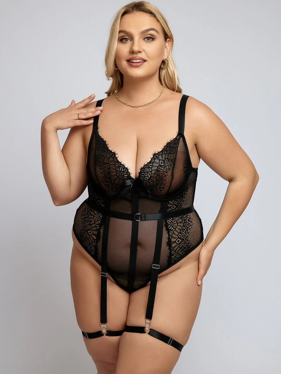 Plus Floral Lace Garter Teddy Bodysuit With 1pair Leg Ring - màu đen - Xem 1