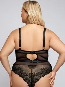 Plus Floral Lace Garter Teddy Bodysuit With 1pair Leg Ring - màu đen - Xem 2