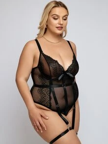 Plus Floral Lace Garter Teddy Bodysuit With 1pair Leg Ring - màu đen - Xem 3