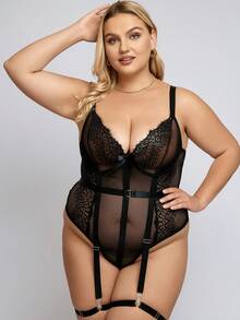 Plus Floral Lace Garter Teddy Bodysuit With 1pair Leg Ring - màu đen - Xem 4