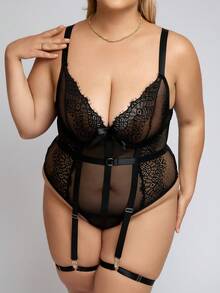 Plus Floral Lace Garter Teddy Bodysuit With 1pair Leg Ring - màu đen - Xem 5