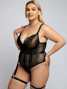 Plus Floral Lace Garter Teddy Bodysuit With 1pair Leg Ring - màu đen - Xem 6