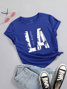 SHEIN LUNE Áo thun nữ Đồ họa Lá thư Giải trí - Xanh đậm - Xem 1