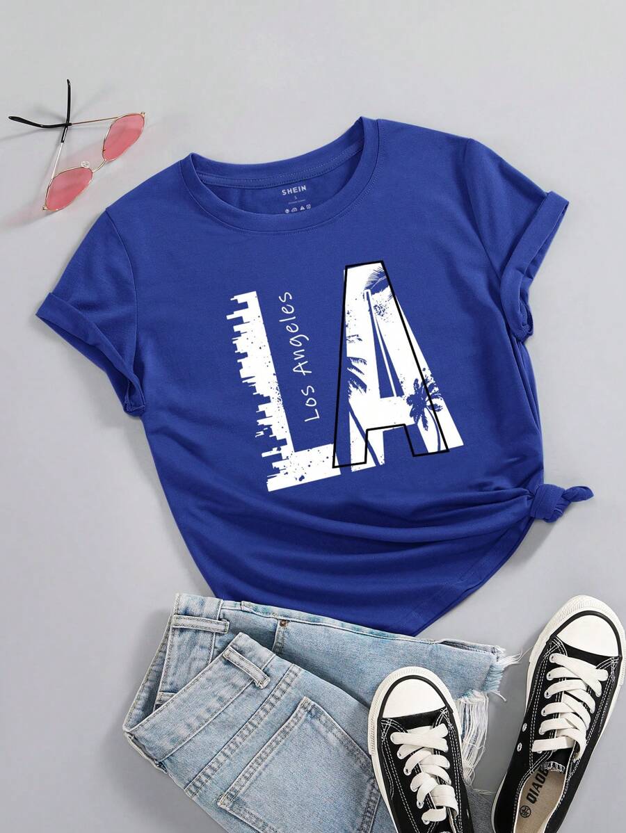 SHEIN LUNE Áo thun nữ Đồ họa Lá thư Giải trí - Xanh đậm - Xem 1