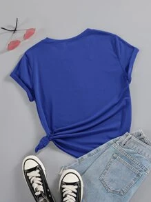 SHEIN LUNE Áo thun nữ Đồ họa Lá thư Giải trí - Xanh đậm - Xem 2