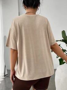 SHEIN EZwear Plus Mountain & Slogan Graphic Drop Shoulder Tee - Khaki - View 2