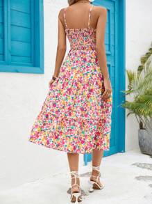 SHEIN VCAY Đầm Viên lá sen Dải chun Hoa Tất cả trên in Boho - Màu Hồng  Dưa hấu - Xem 2