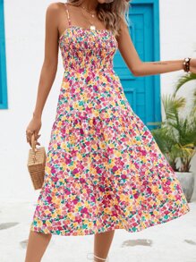SHEIN VCAY Đầm Viên lá sen Dải chun Hoa Tất cả trên in Boho - Màu Hồng  Dưa hấu - Xem 3